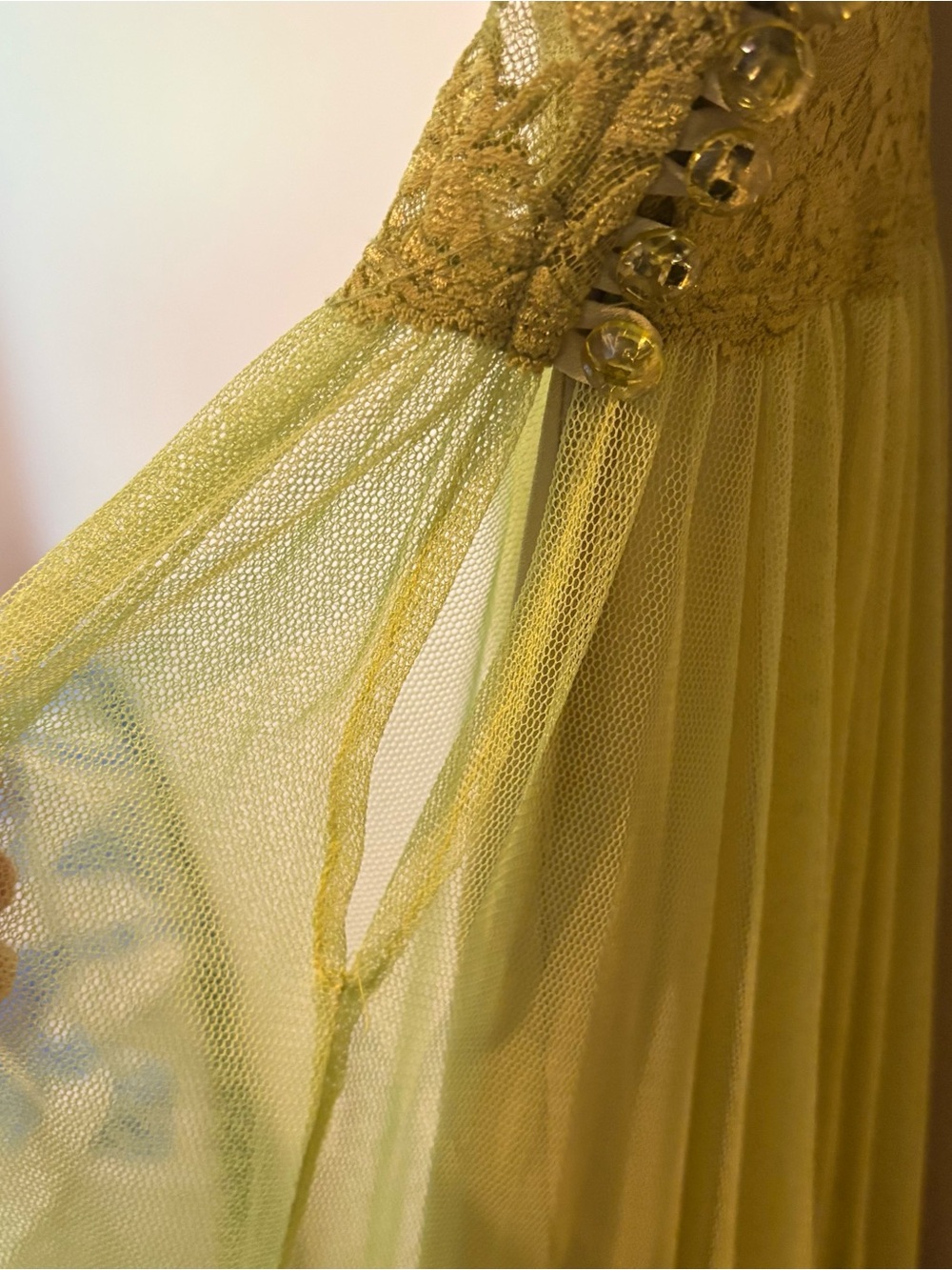 Vintage 90s Betsey Johnson chartreuse pleated tulle babydoll dress - Picture 8 of 12